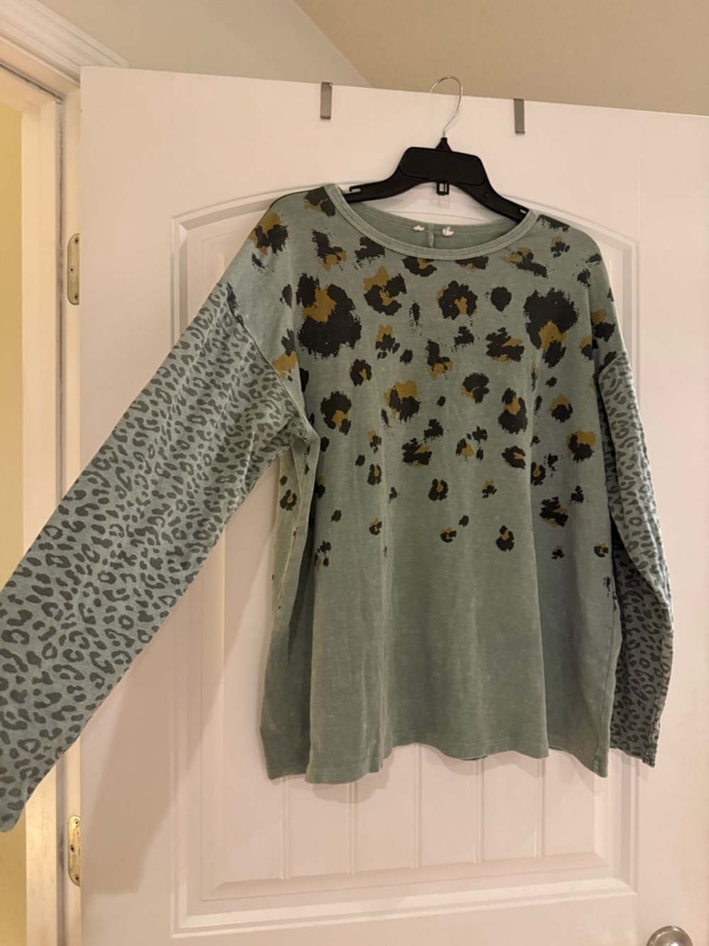 Oversized Sage Green Leopard Print Long Sleeve Soft Cotton top
